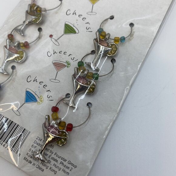 Drink Markers Set of 6 Martini Cocktail Party with Glass Beads and Metal Charms - Picture 2 of 5